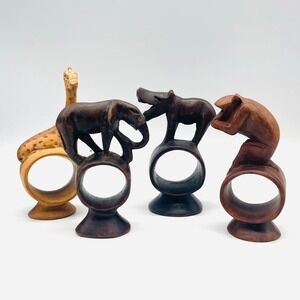 Set of 4 Hand Carved Wooden African‎ Safari Animal Napkin Rings Giraffe Elephant
